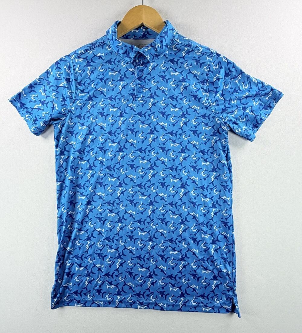 BCG Boy’s Golf Performance Polo Blue Shirt Shark Print YOUTH Size XL (18-20)